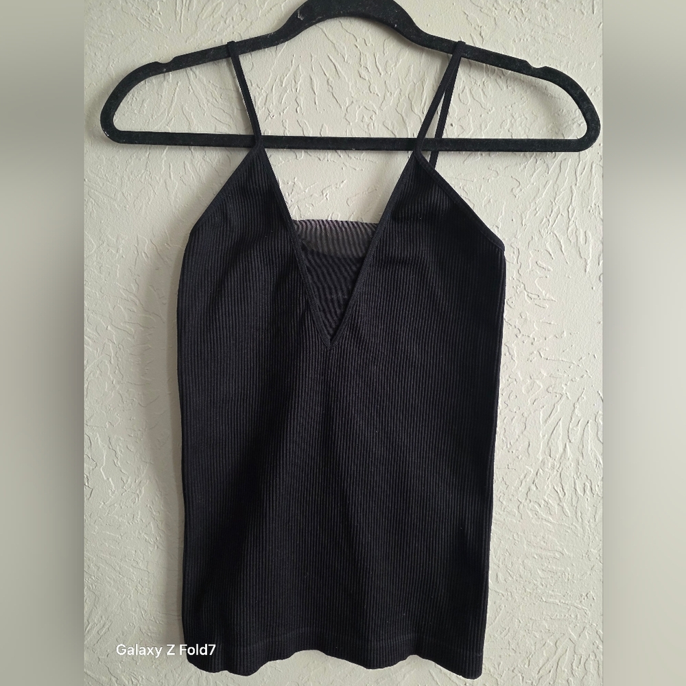 Intimately FREE PEOPLE Black Ribbed Mesh Inset Tank Cami M L